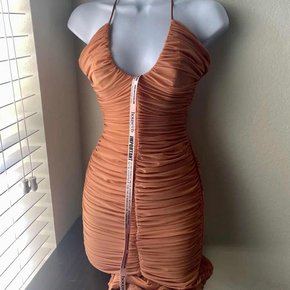 NWT House of CB Tiarra nude ruched mesh midi dress - Picture 1 of 11